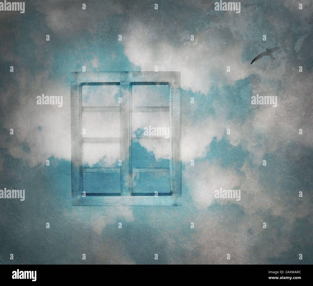 Muro con finestra nelle nuvole e il cielo con texture Foto Stock