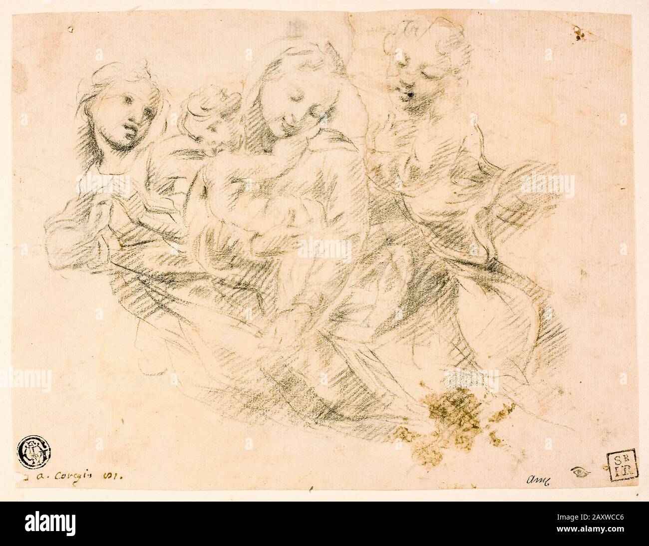 Giosuè Reynolds, dopo Antonio Allegri chiamato Correggio, Madonna col Bambino con Due Angeli, disegno, circa 1752 Foto Stock