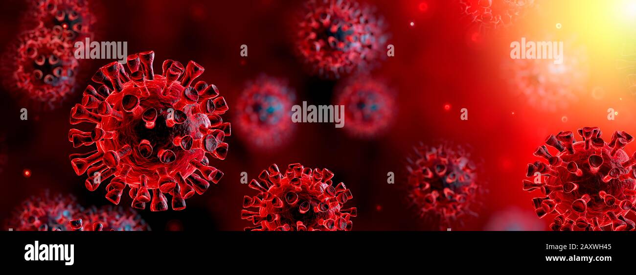 Corona Virus in Red background Microbiologia e Virology Concept 3d-rendering Foto Stock