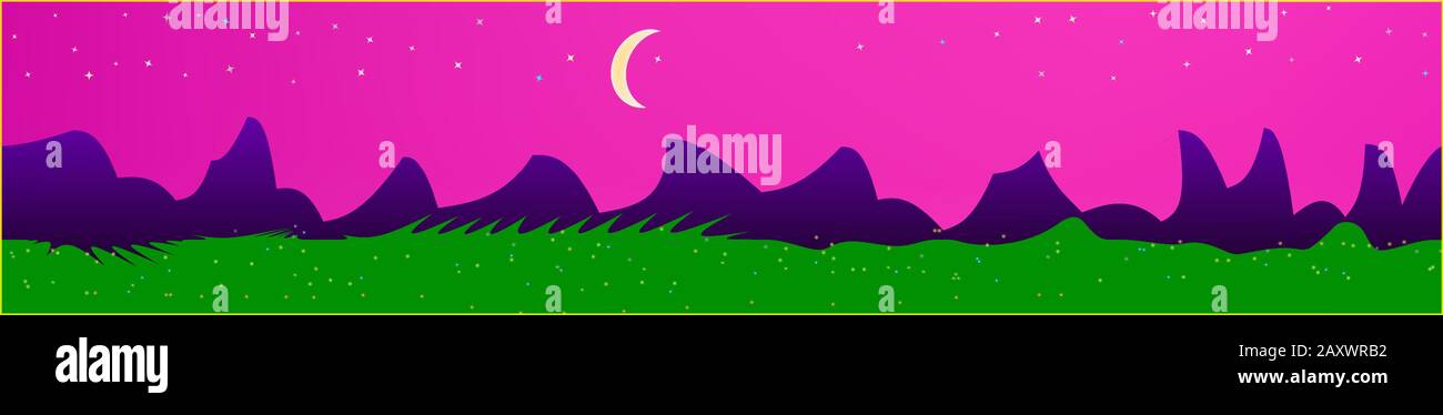Cielo rosa e paesaggio montano. Illustrazione dello sfondo orizzontale semplice. Design semplice da fiaba alla moda. Fantasia di stampa in vetro pulito. Orizzonte, luce Illustrazione Vettoriale
