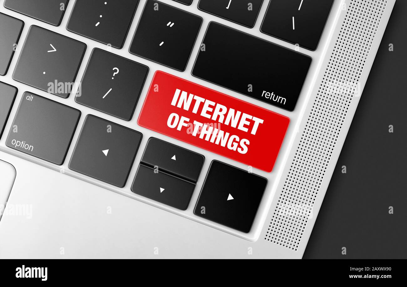 Tasto rosso Internet delle cose su una tastiera nera del computer, immagine concettuale delle tendenze tecnologiche moderne Foto Stock