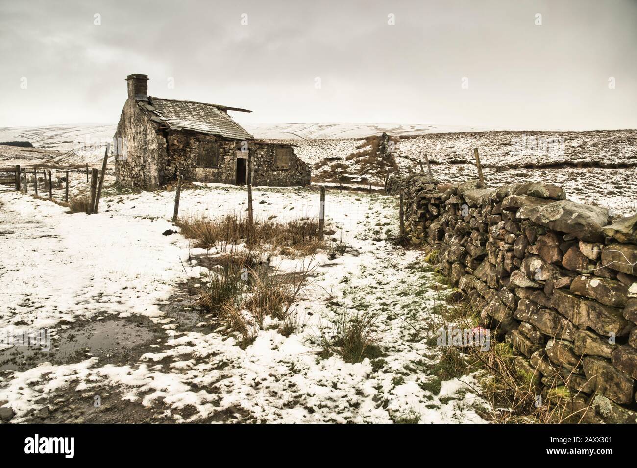 Aspro paesaggio invernale Yorkshire Dales al derelict Gearstones shooting capanna a Ribblehead sulla strada Ingleton Hawes Foto Stock