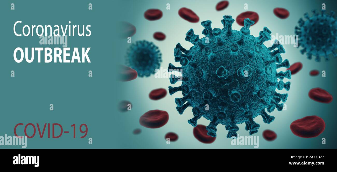 Focolaio Di Coronavirus. Illustrazione del nuovo focolaio di coronavirus 2019-nCoV. COVID-19, nCoV. rendering 3d. Vista al microscopio di virus e globuli rossi Foto Stock