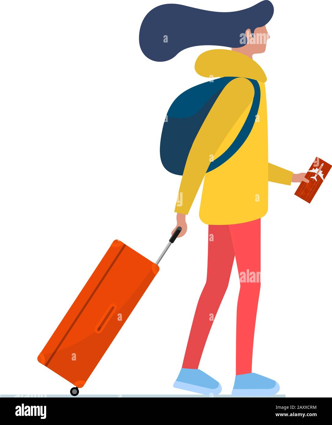 Giovane donna che viaggia a piedi con valigia e biglietto aereo. La millennial femminile con bagaglio e zaino va a bordo in aereo. Illustrazione vettoriale del concetto di viaggio turistico dei passeggeri Illustrazione Vettoriale