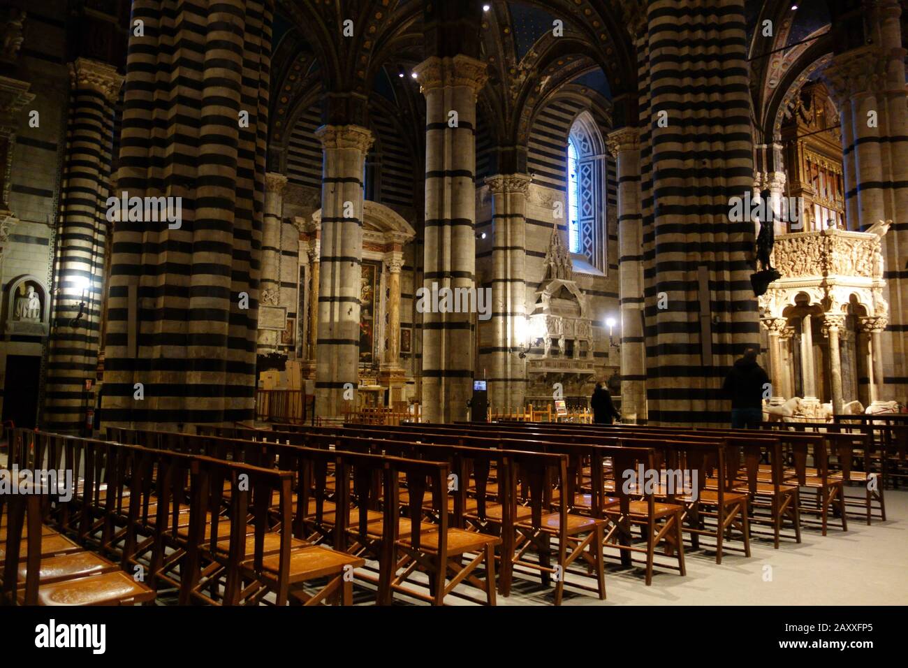 All'interno del Duomo di Siena. Vista laterale della navata con sedie per messa. Foto Stock