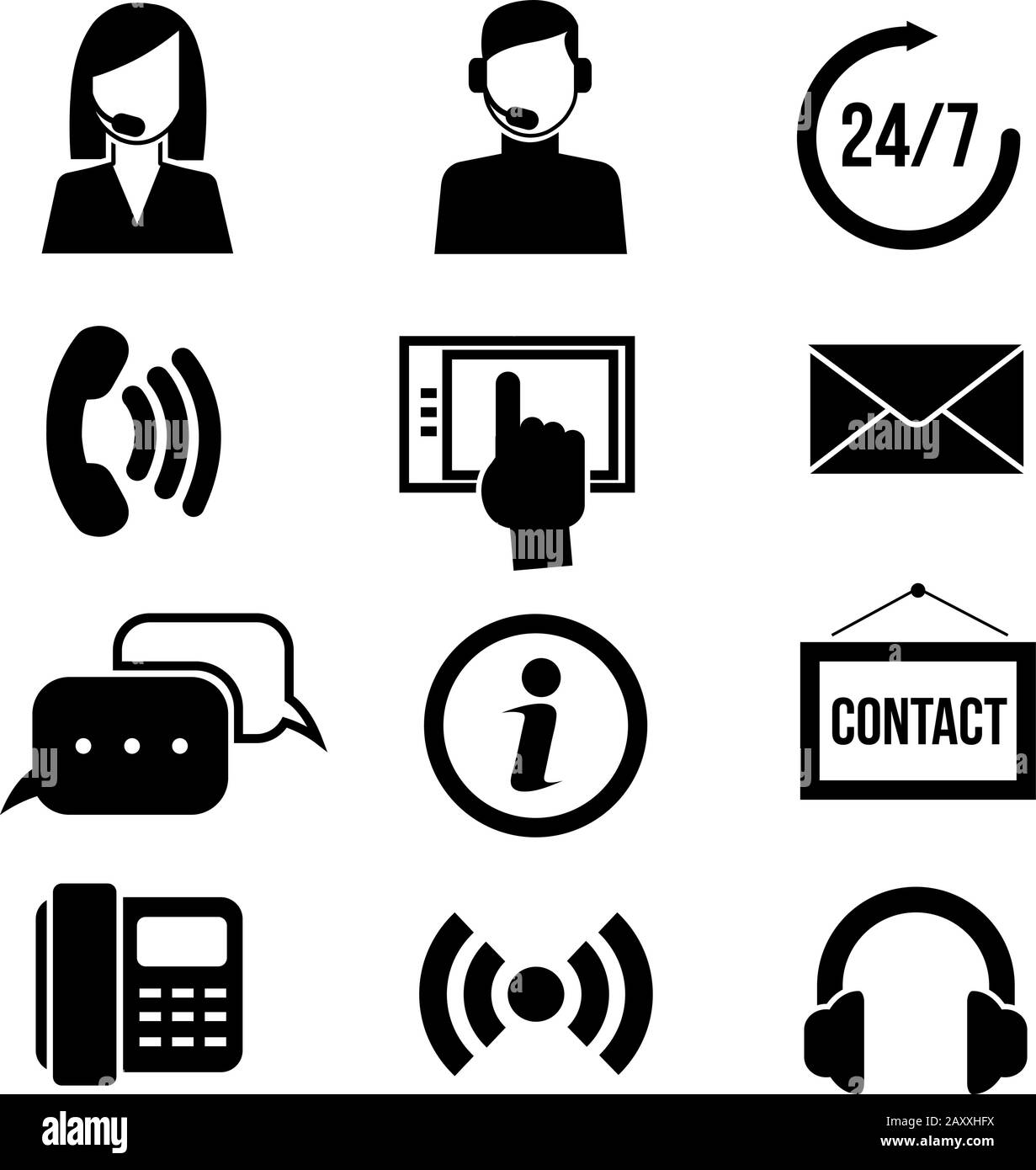 Icone vettoriali di supporto, assistenza clienti, call center e telemarketing. Servizio di assistenza clienti, supporto call center, illustrazione dell'assistenza dell'assistente Illustrazione Vettoriale