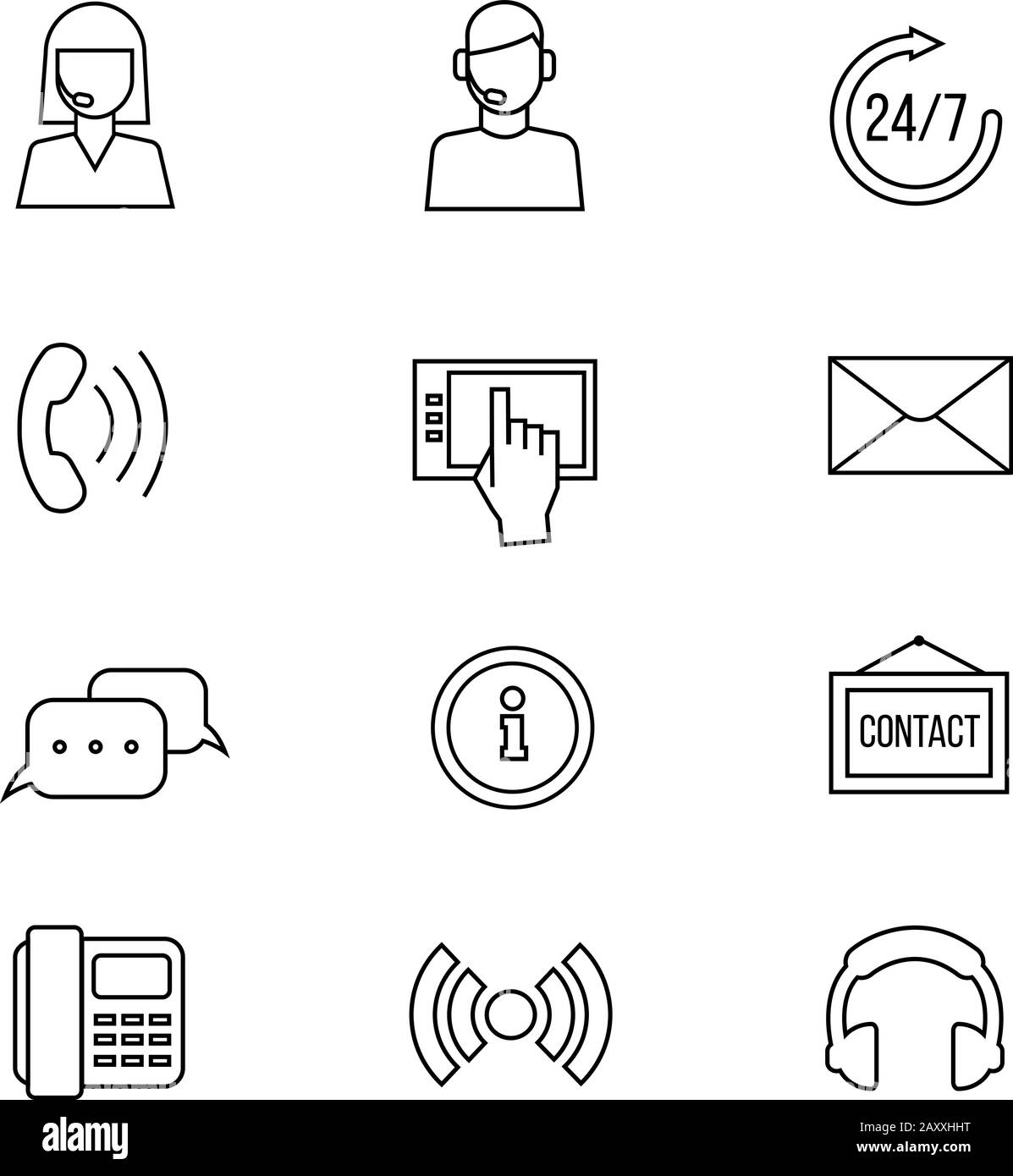 Icone della linea vettoriale del contatto o del supporto. Comunicare la helpline e il supporto online, l'operatore di assistenza e i segnali di comunicazione Illustrazione Vettoriale