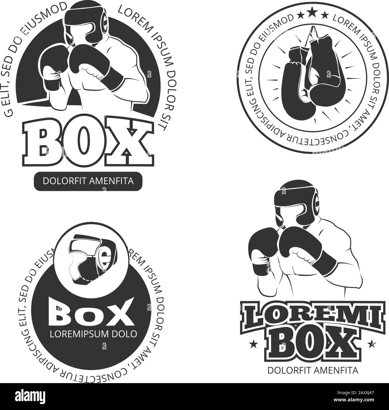 Set etichette retro vettore pugilato. Sport boxing, badge di boxe guanti, illustrazione di boxe etichette Illustrazione Vettoriale