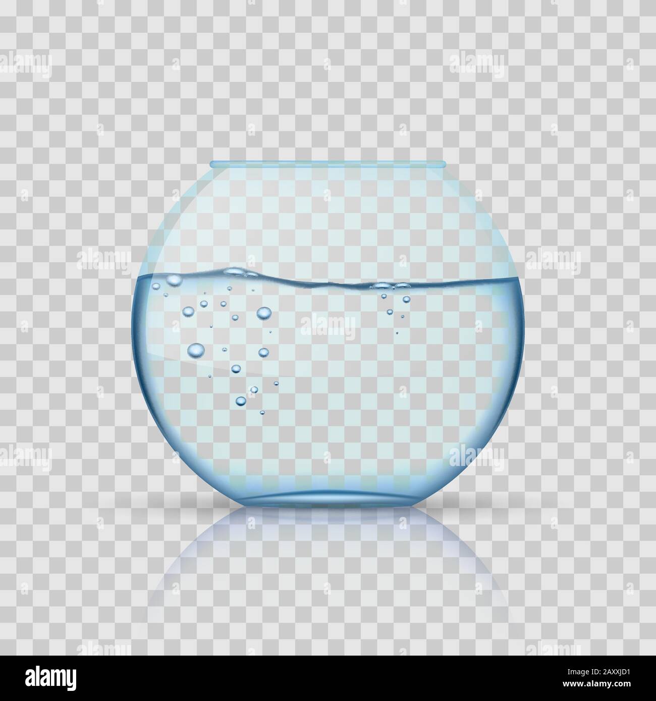 Ciotola di pesce in vetro realistica, acquario con acqua su sfondo trasparente. Acquari in vetro, acquari per pesci o acquari con liquido trasparente. V Illustrazione Vettoriale