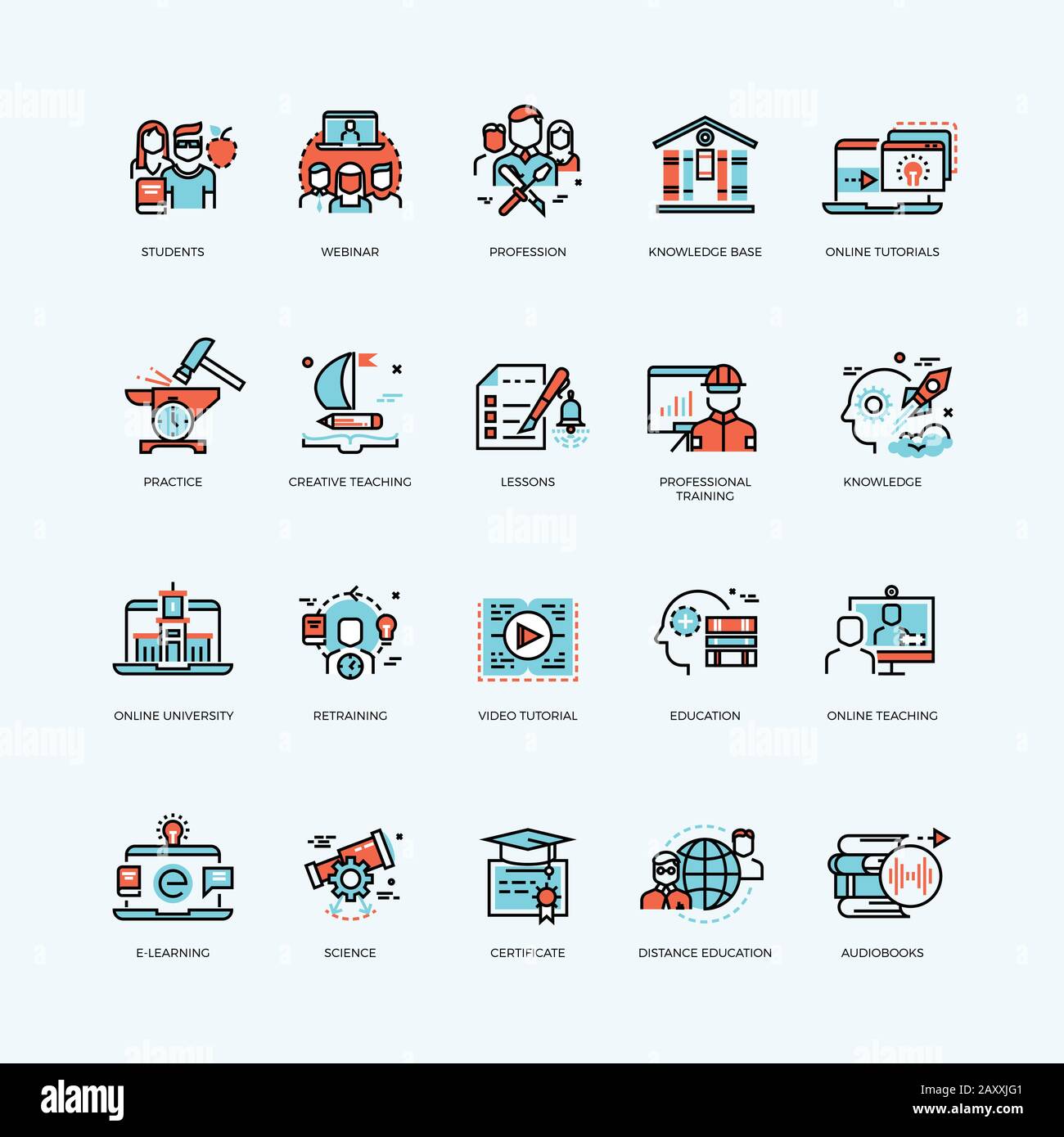 Formazione a distanza, tutorial e corsi online, formazione video, formazione del personale, icone vettoriali della biblioteca digitale. Formazione, formazione tecnologica Illustrazione Vettoriale
