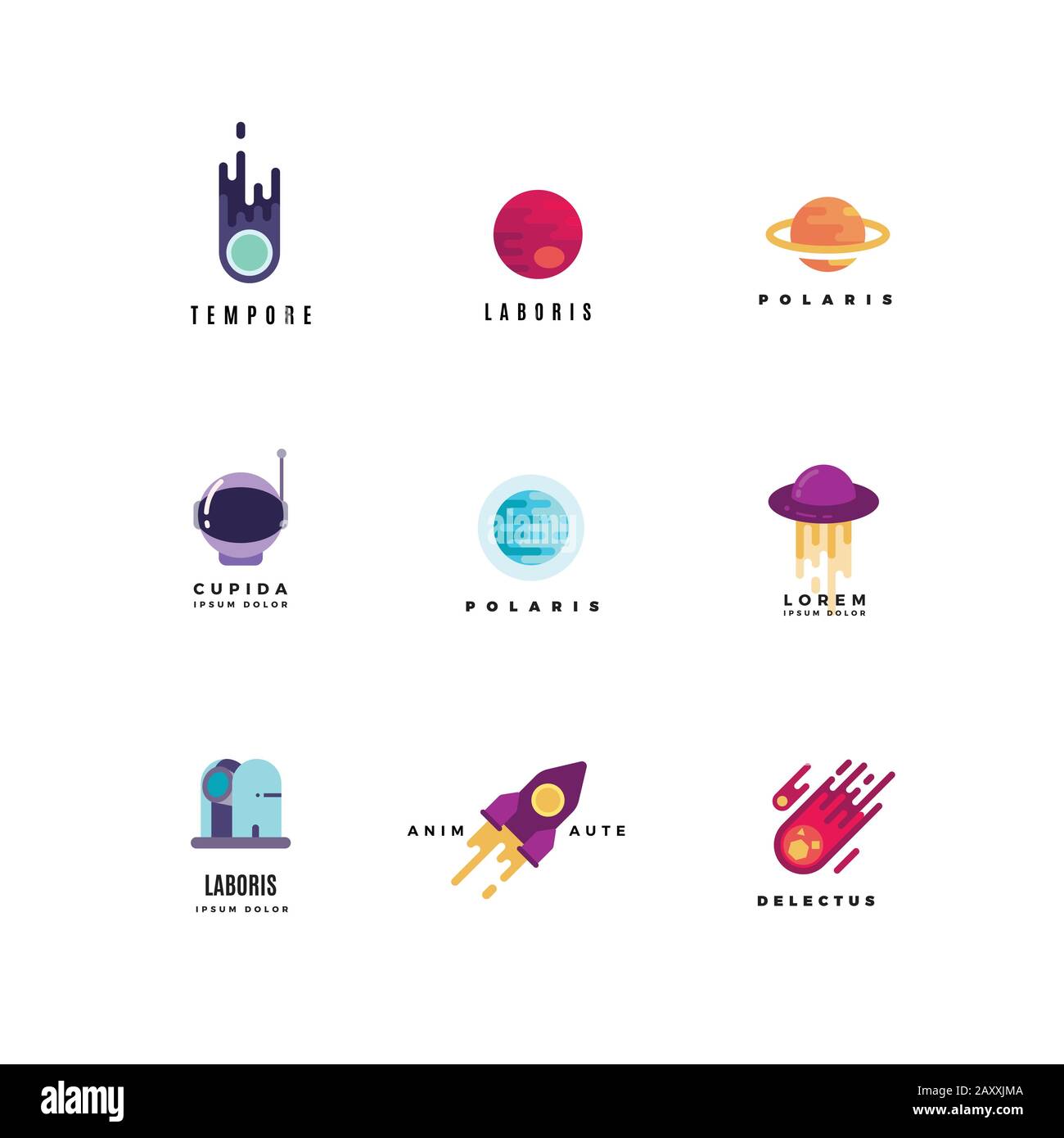 Set di logo astronautici vettoriali. Icona Rocket, logo astronautico di viaggio, navetta astronautica, illustrazione astronautica della nave Illustrazione Vettoriale
