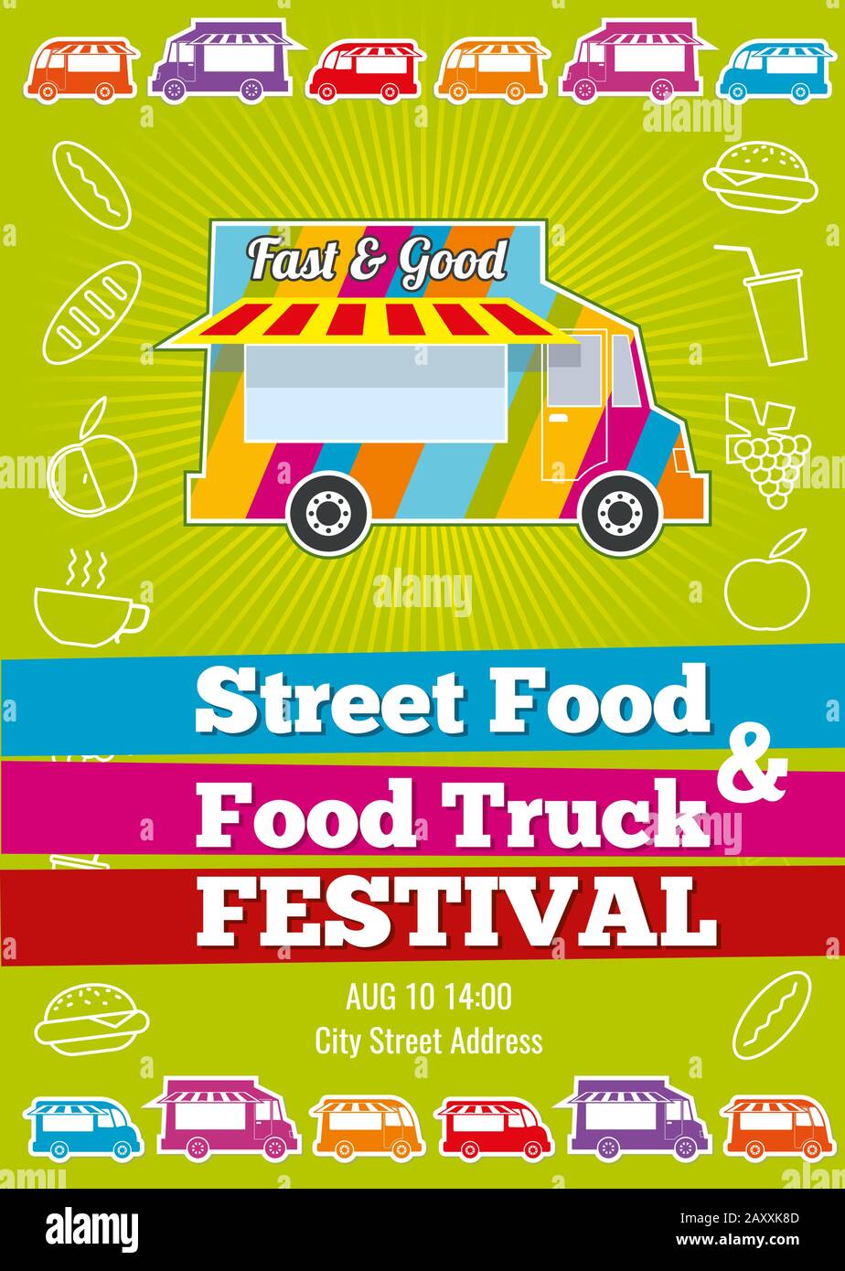 Poster vettore con carro pieno di gustosi piatti estivi, pasti, bevande e frutta. Banner food festival, evento di design food truck, gustoso camion illustra Illustrazione Vettoriale