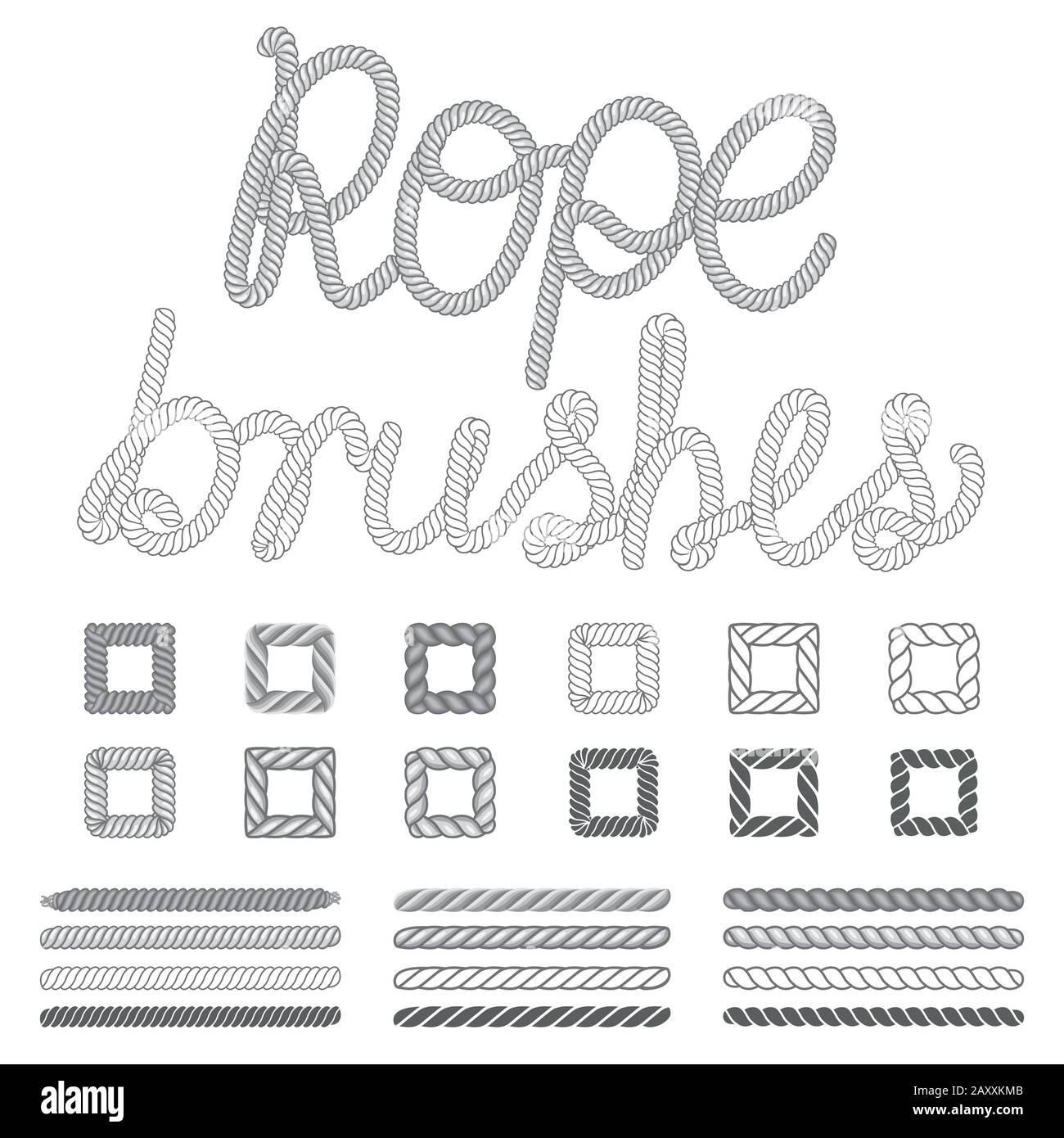 Set di spazzole a ripetizione vettoriale per funi nautiche. Modello di corda, corda nautica, set di corda di disegno Illustrazione Vettoriale