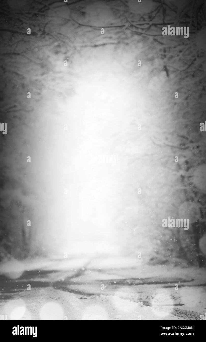 Strada invernale ghiacciata innevata. Pneumatici nella neve. Foresta dopo sleet. Paesaggio forestale invernale monocromatico. Sfondo della strada invernale e spazio libero. Spac Foto Stock