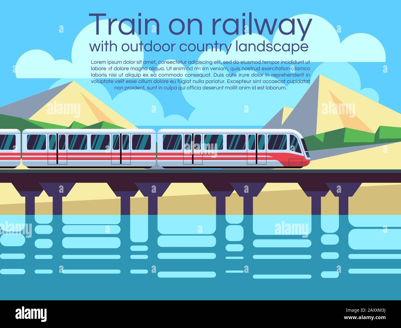 Treno su ferrovia con paesaggio di campagna all'aperto. Sfondo del concetto di viaggio vettoriale. Treno all'aperto, treno di trasporto, illustrazione del treno di viaggio Illustrazione Vettoriale