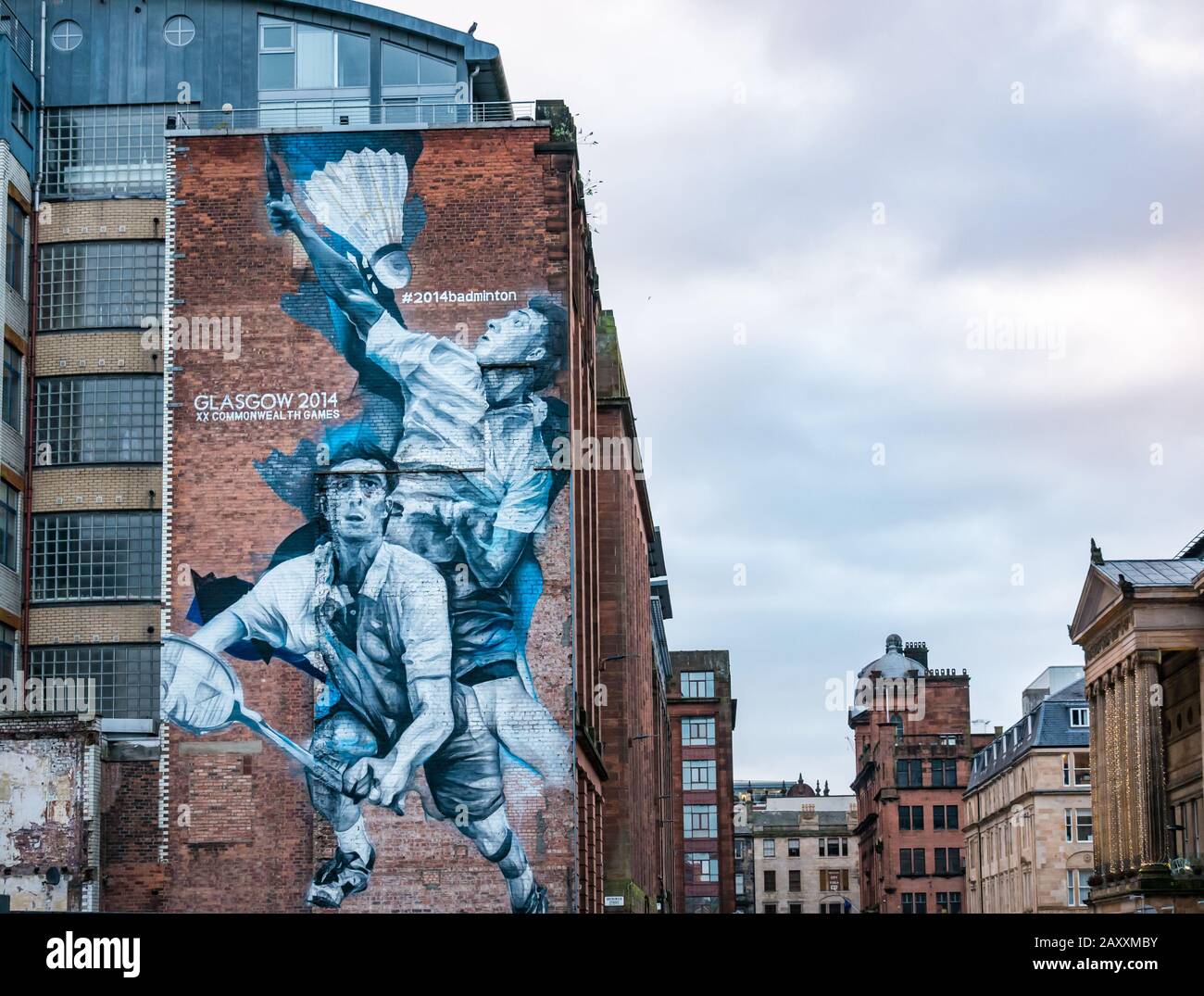 Guido van Helten murale di Kieran Merrilees, giocatore di badminton scozzese per i giochi del Commonwealth 2014, Wilson Street, Glasgow, Scozia, Regno Unito Foto Stock