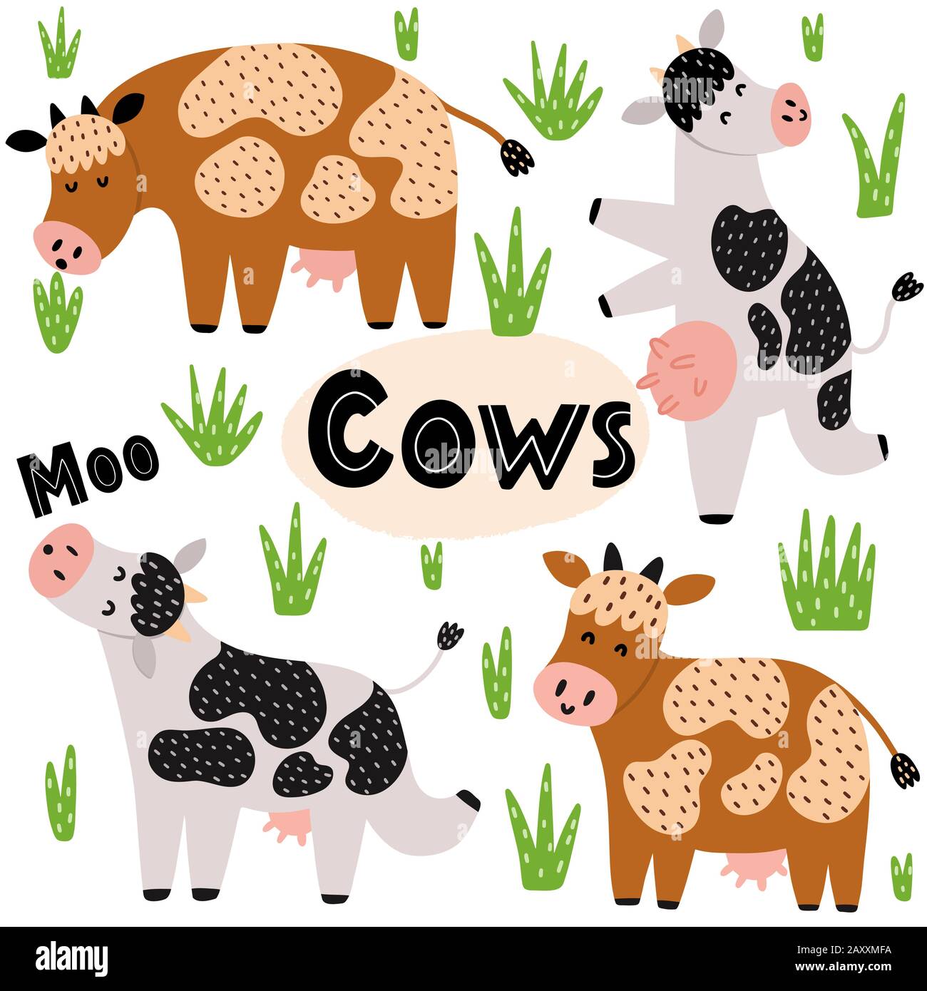 Cute mucche set. Collezione di clipart con animali da fattoria divertenti Illustrazione Vettoriale