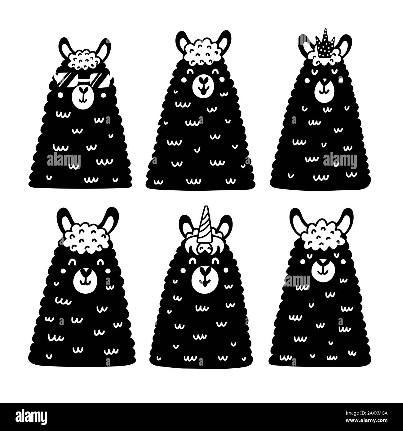 Collezione di lama in bianco e nero. Cute alpaca facce set Illustrazione Vettoriale