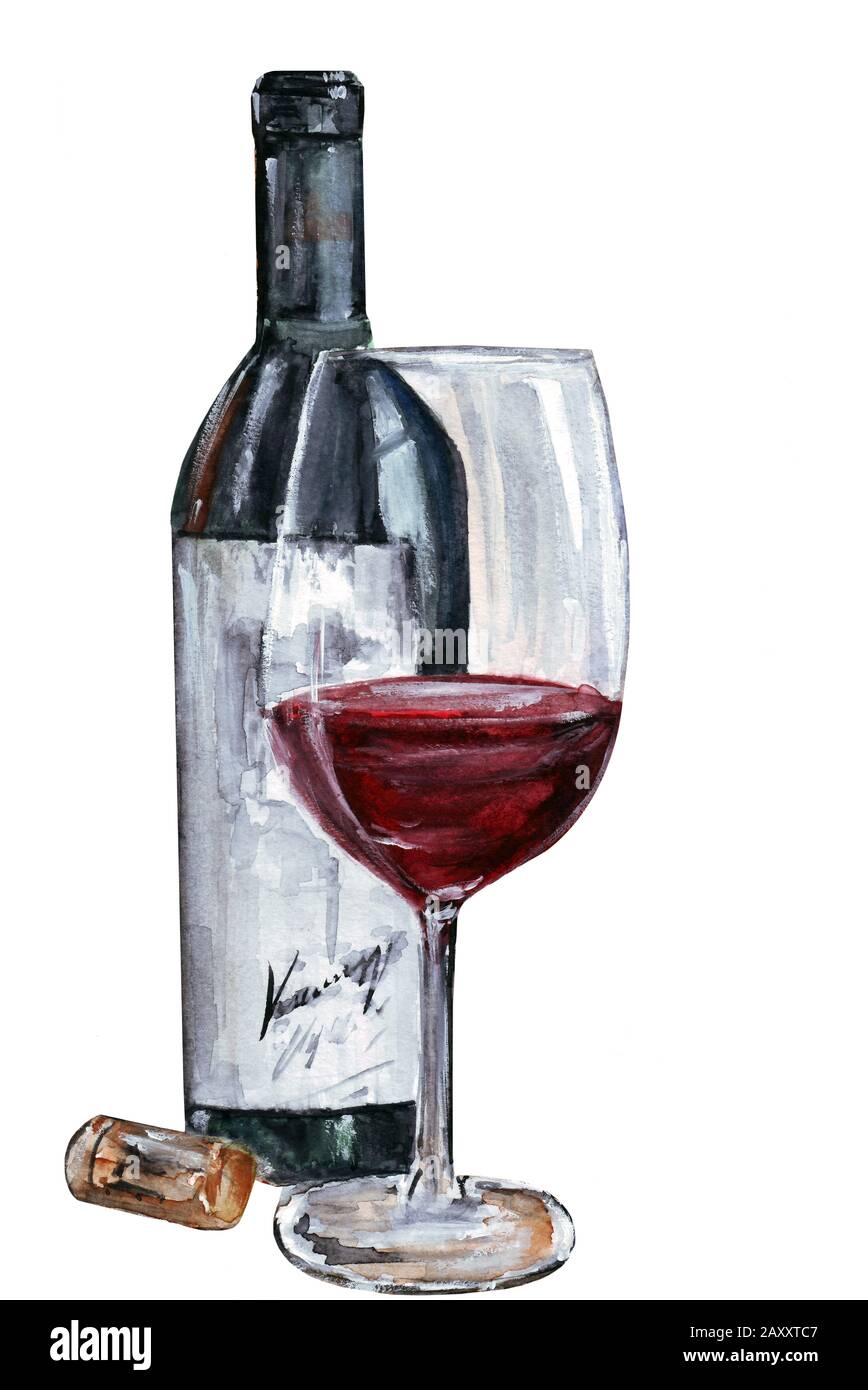 bottiglia acquerello vino rosso su sfondo bianco. isolato Foto Stock