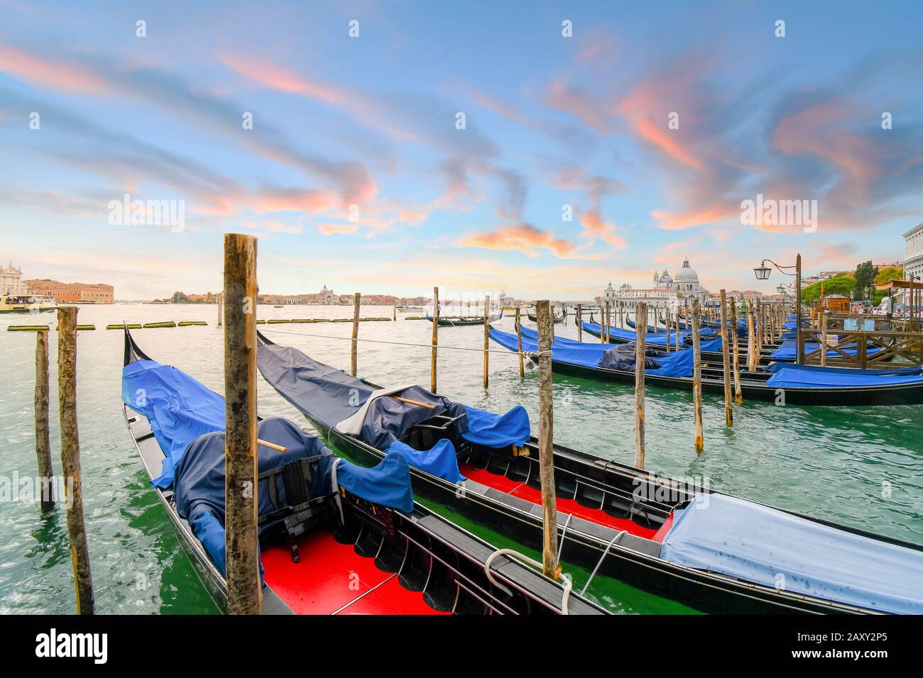 Le gondole si allineano al tramonto lungo la Riva degli Schiavoni nel Canal Grande di Venezia, con la chiesa di Santa Maria della Salute in lontananza Foto Stock