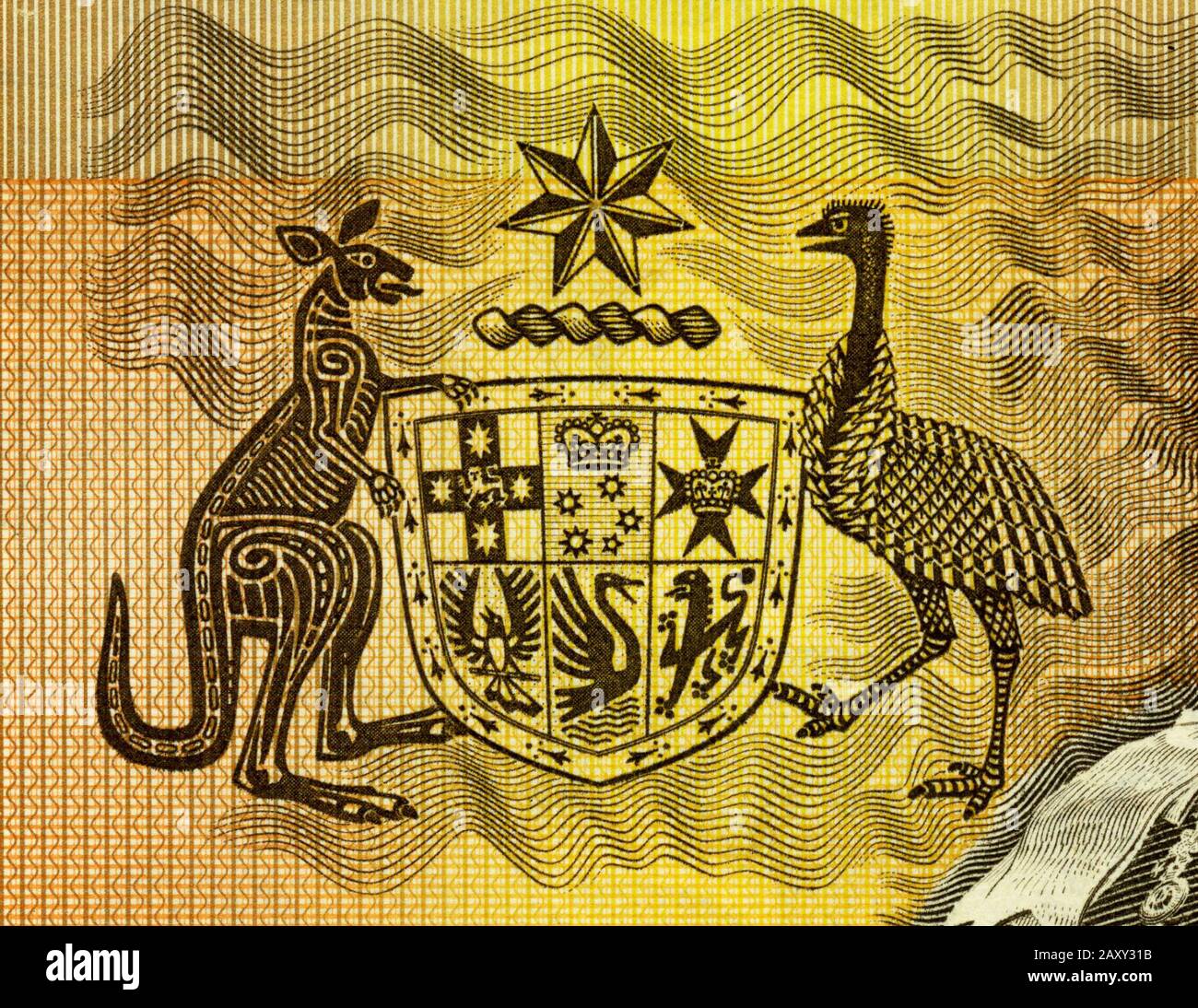 Lo stemma australiano eseguito in un tema aborigene sulla vecchia nota bancaria da 1 dollaro Foto Stock
