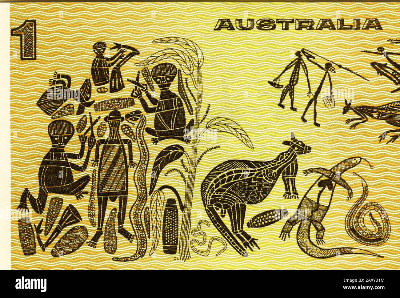 Animali australiani e temi aborigeni sulla vecchia nota bancaria da 1 dollaro Foto Stock