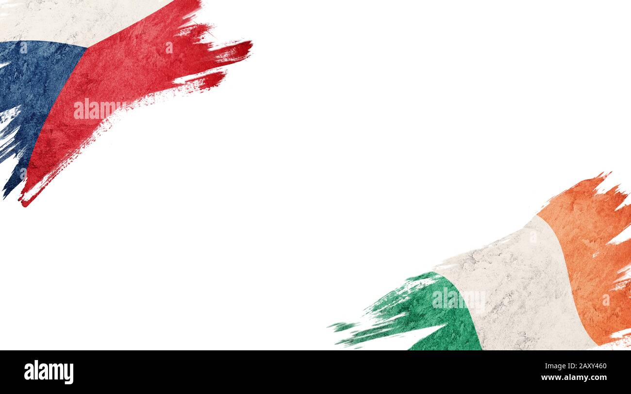 Bandiere della Repubblica Ceca e dell'Irlanda su sfondo bianco Foto Stock