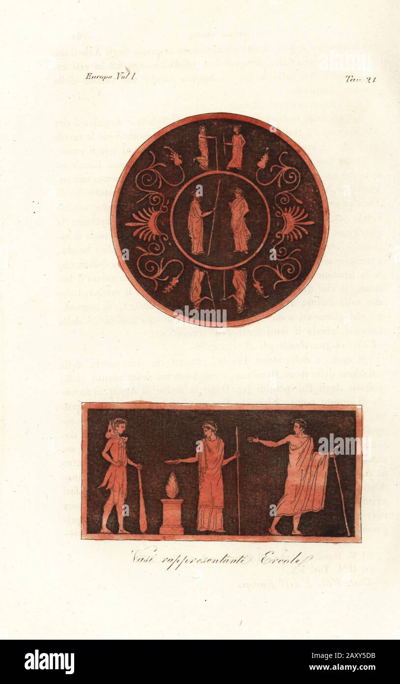 Lysander e Agesilao II di Sparta (in alto) e Ercole in livonia con il club a un sacrificio con Deifobus, Re di Amiclea a Laconia, e sua moglie (in basso). Vasi rappresentanti Ercole. Da vasi nella collezione di Sir William Hamilton. Incisione su coppetta a mano dei Costumi di Giulio Ferrario Antico E Moderno dei popoli del mondo, il Costume Antico e moderno, Firenze, 1842. Foto Stock