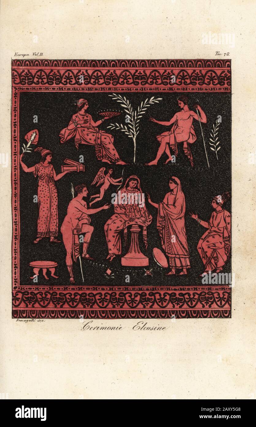 I Misteri Eleusiniani, iniziazioni per il culto di Demetra e Persefone con sede a Eleusis, Grecia. La dea Ceres siede sul Puteal sul Callirhoe ben circondato da vergini danzanti. Da un vaso nella collezione di Sir William Hamilton. Ceremonie Eleusine. Incisione a mano su coppi di Fumagalli dai Costumi di Giulio Ferrario Antico E Moderno dei popoli del mondo, il Costume Antico e moderno, Firenze, 1826. Foto Stock