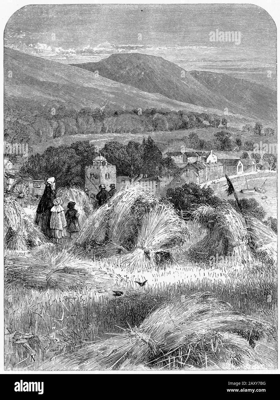 Incisione di un campo di grano appena raccolto in Inghilterra Foto Stock