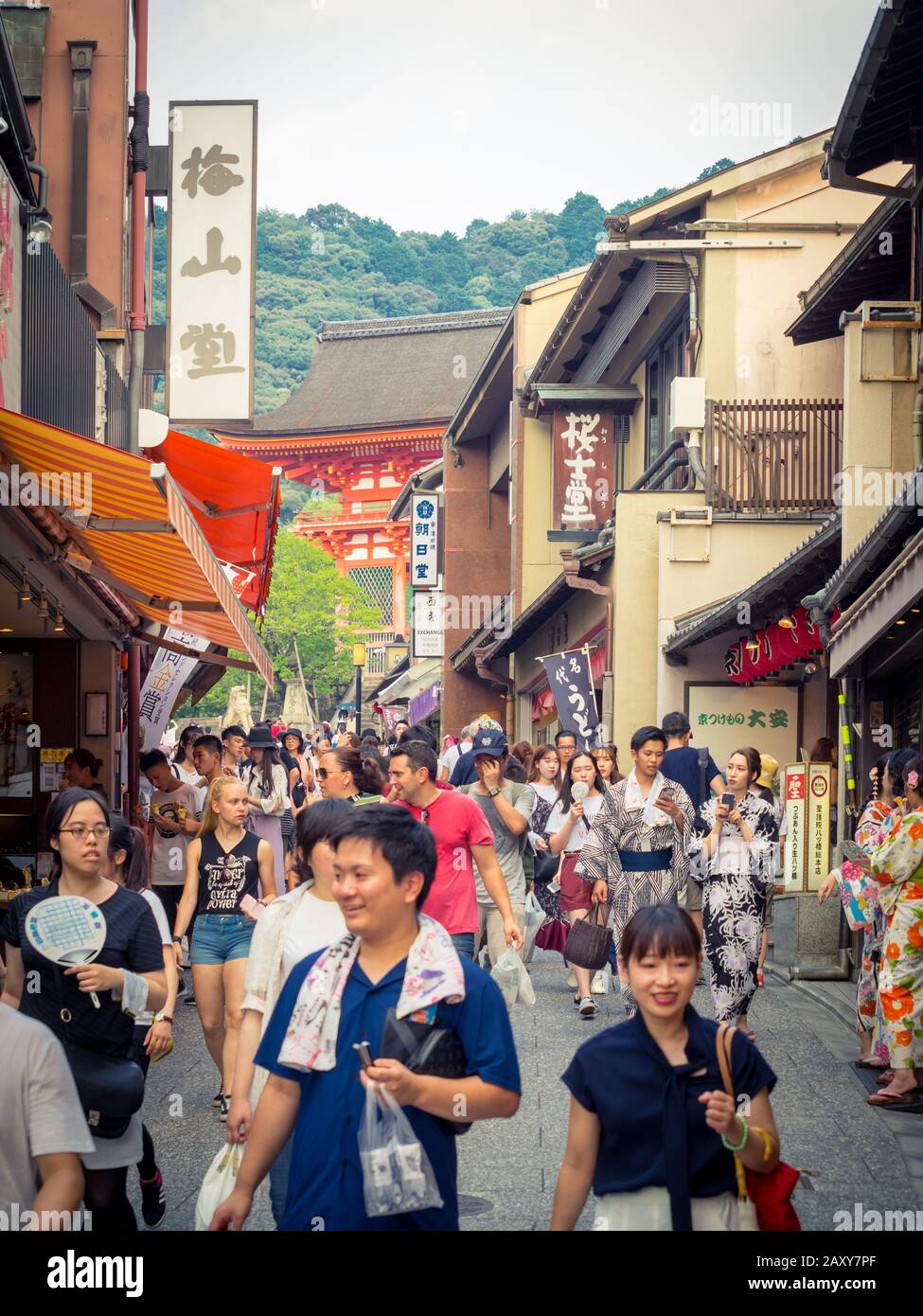 Negozi, la folla e i turisti su Matsubara Dori (Matsubara Dori Street) vicino tempio Kiyomizudera nel quartiere di Higashiyama di Kyoto, Giappone. Foto Stock