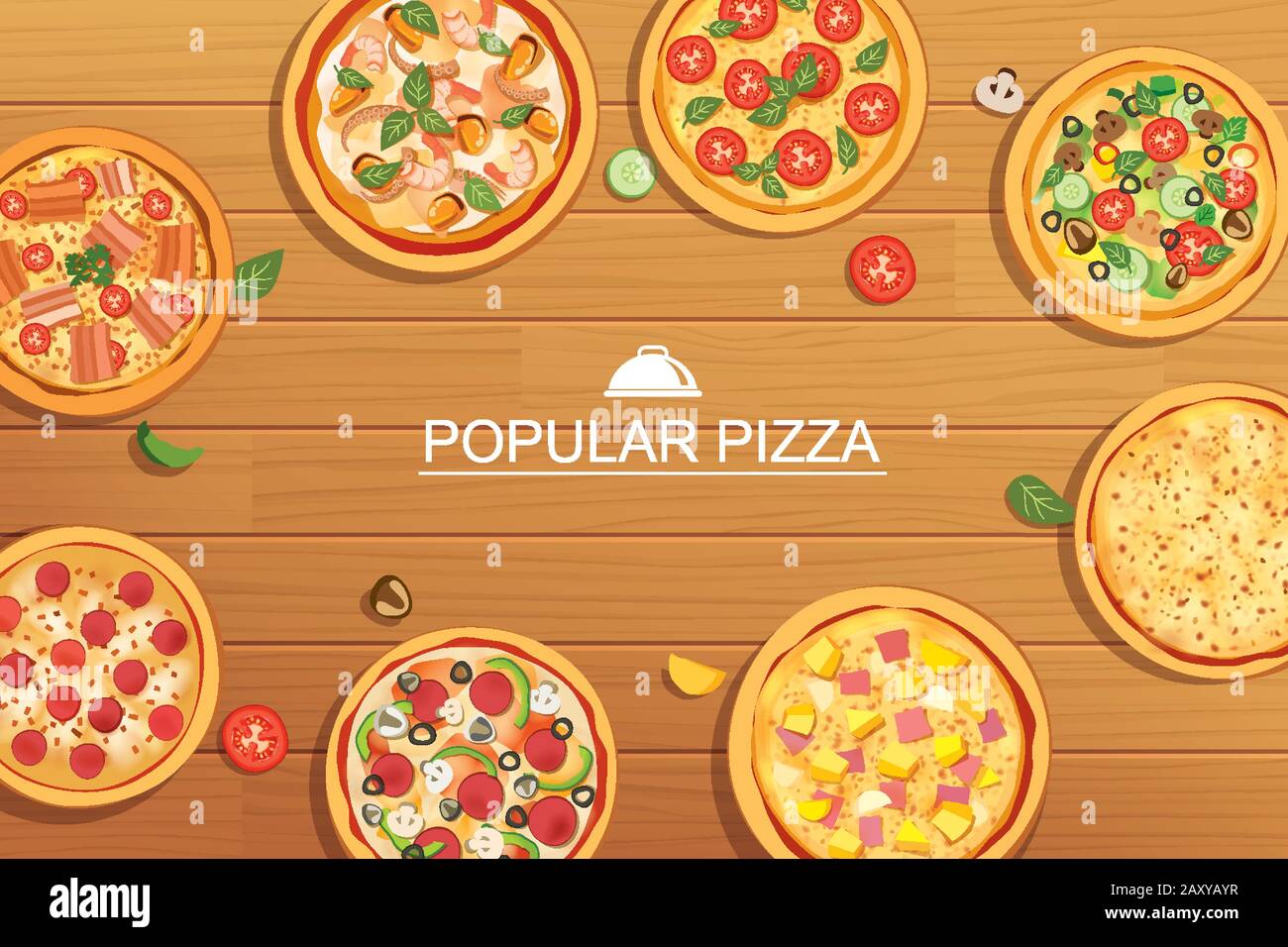 Pizza impostare un menu diverso su sfondo di legno. Da utilizzare per design, poster, volantini, banner. Illustrazione Vettoriale
