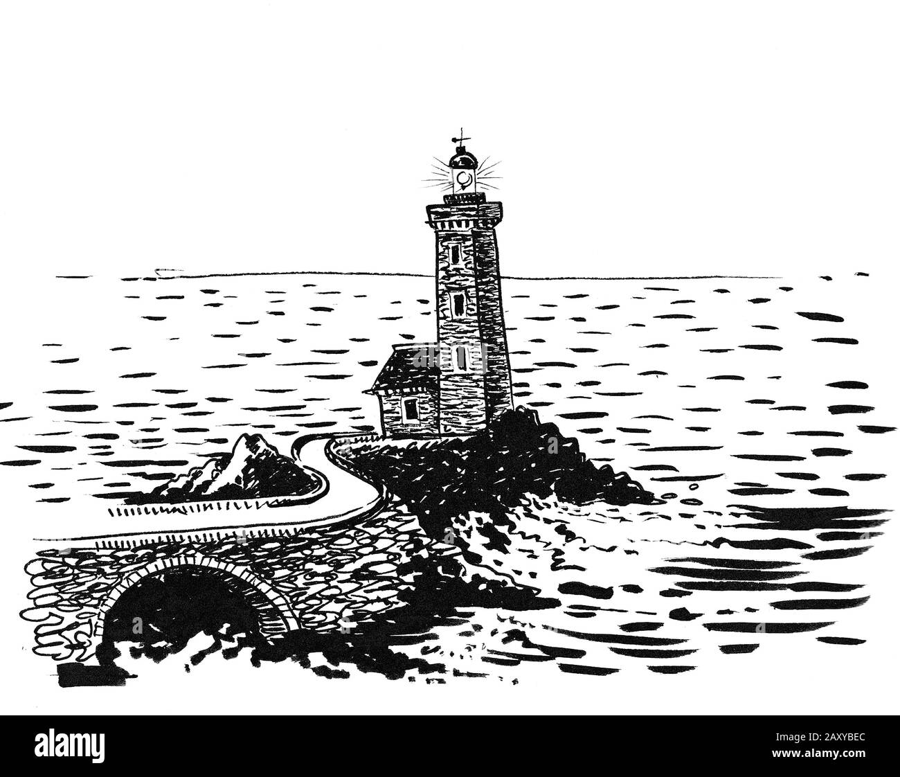 Faro al mare. Disegno in bianco e nero con inchiostro Foto stock - Alamy