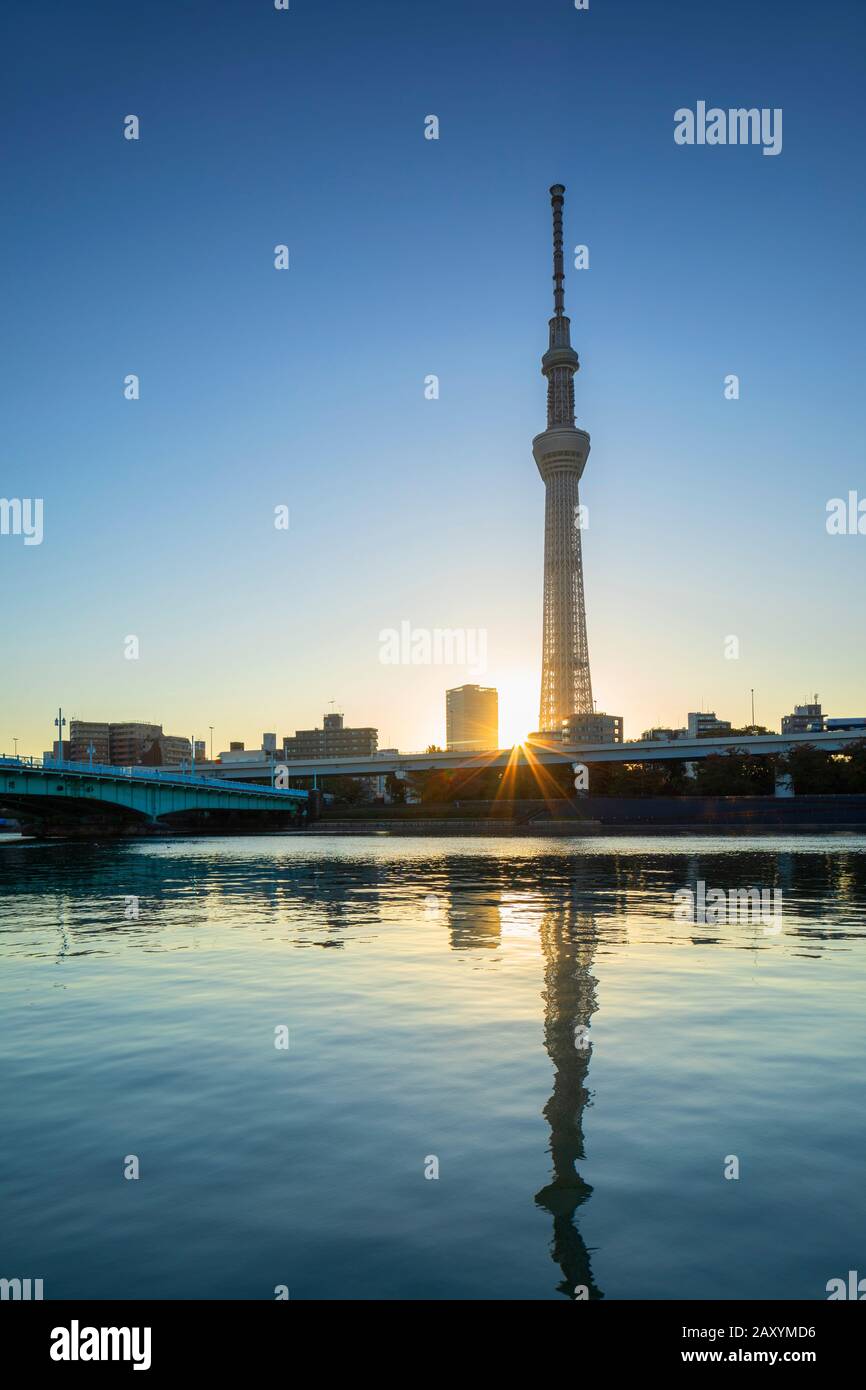 Sky Tree e Sumida River all'alba, Tokyo, Giappone Foto Stock