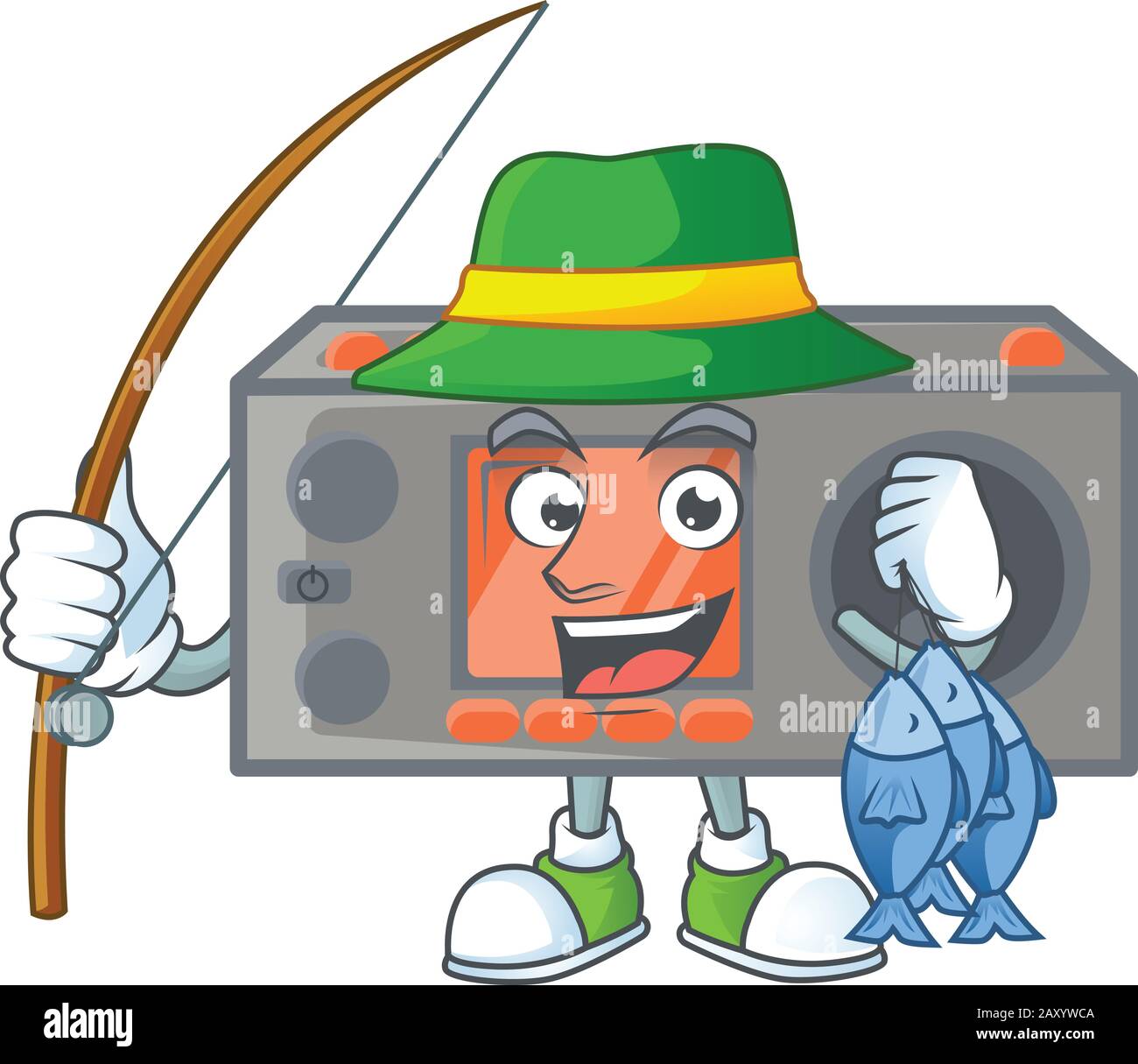 Un disegno mascotte di ricetrasmettitore radio pesca con 3 pesci Illustrazione Vettoriale