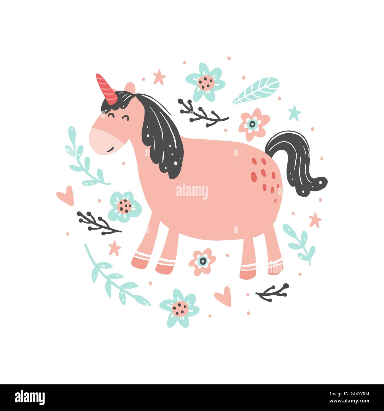 Unicorno di semplice stile di cartone animato alla moda con elementi. Unicorno di colore rosa per bambini e tessuti magici, borsa, t-shirt design. Illustrazione del vettore isolato. Illustrazione Vettoriale