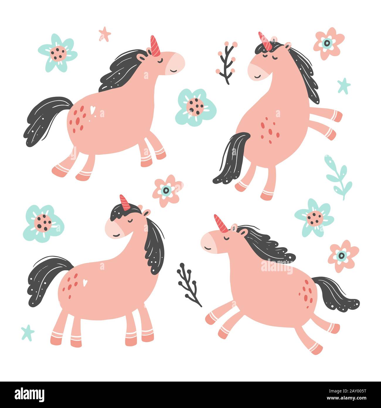 Set Unicorn di semplice stile di cartone animato alla moda con elementi. Unicorno di colore rosa per bambini e tessuti magici, borsa, t-shirt design. Illustrazione del vettore isolato. Illustrazione Vettoriale