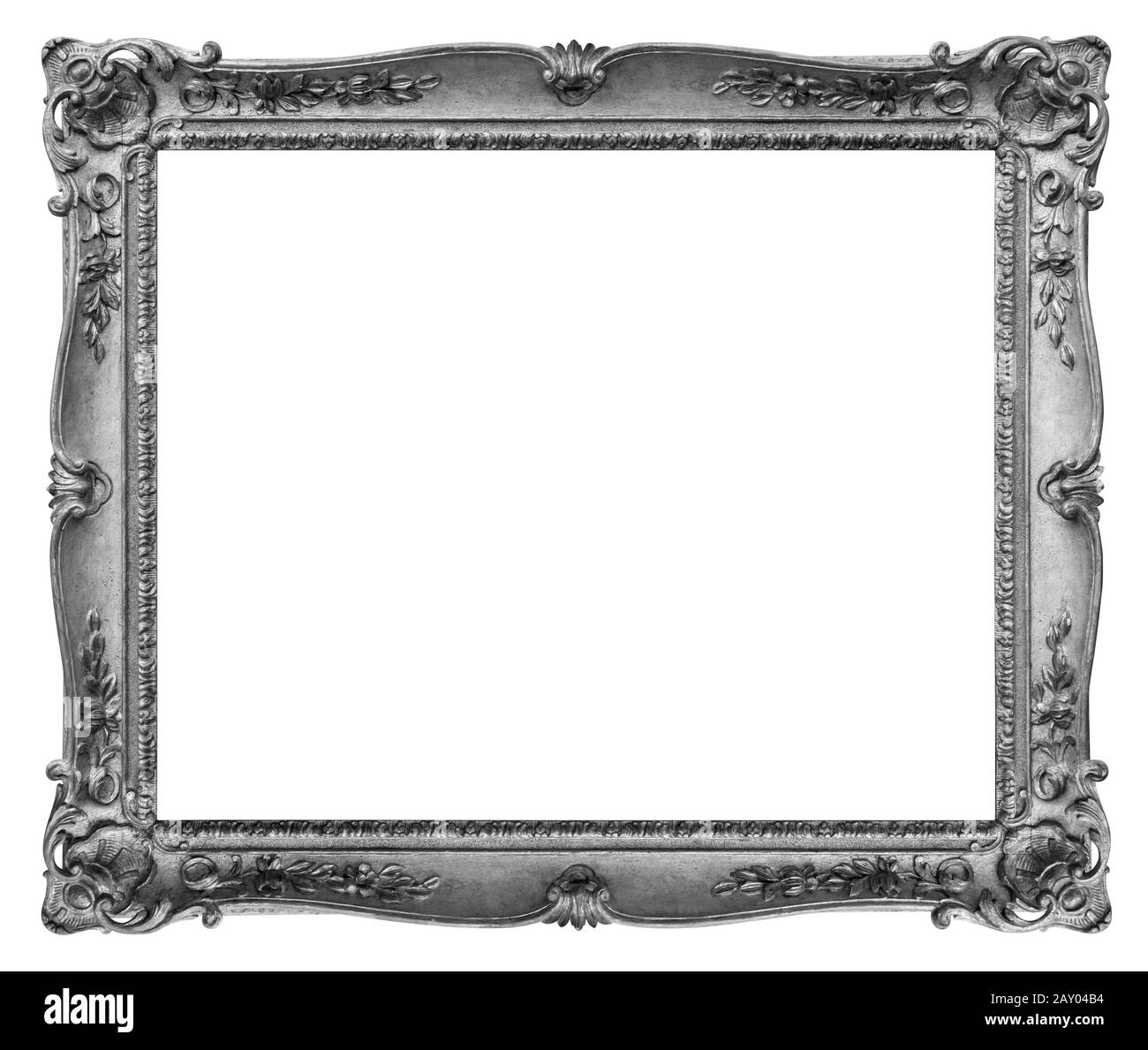 Rettangolo Vecchio telaio in legno argentato isolato su sfondo bianco con sentiero di ritaglio Foto Stock