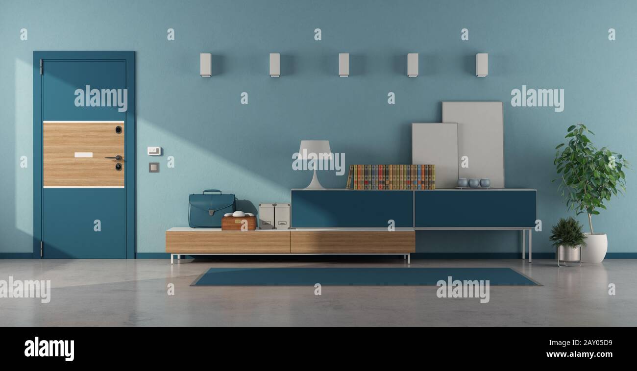 Ingresso casa blu con porta blindata e sideboard con oggetti decor - rendering 3d Foto Stock