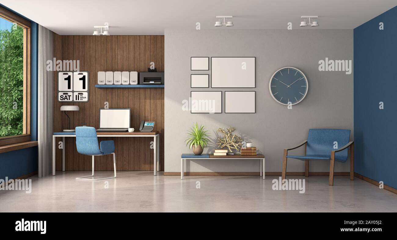 Home Office con scrivania su pannelli in legno, poltrona e tavolino da caffè - 3d rendering Foto Stock