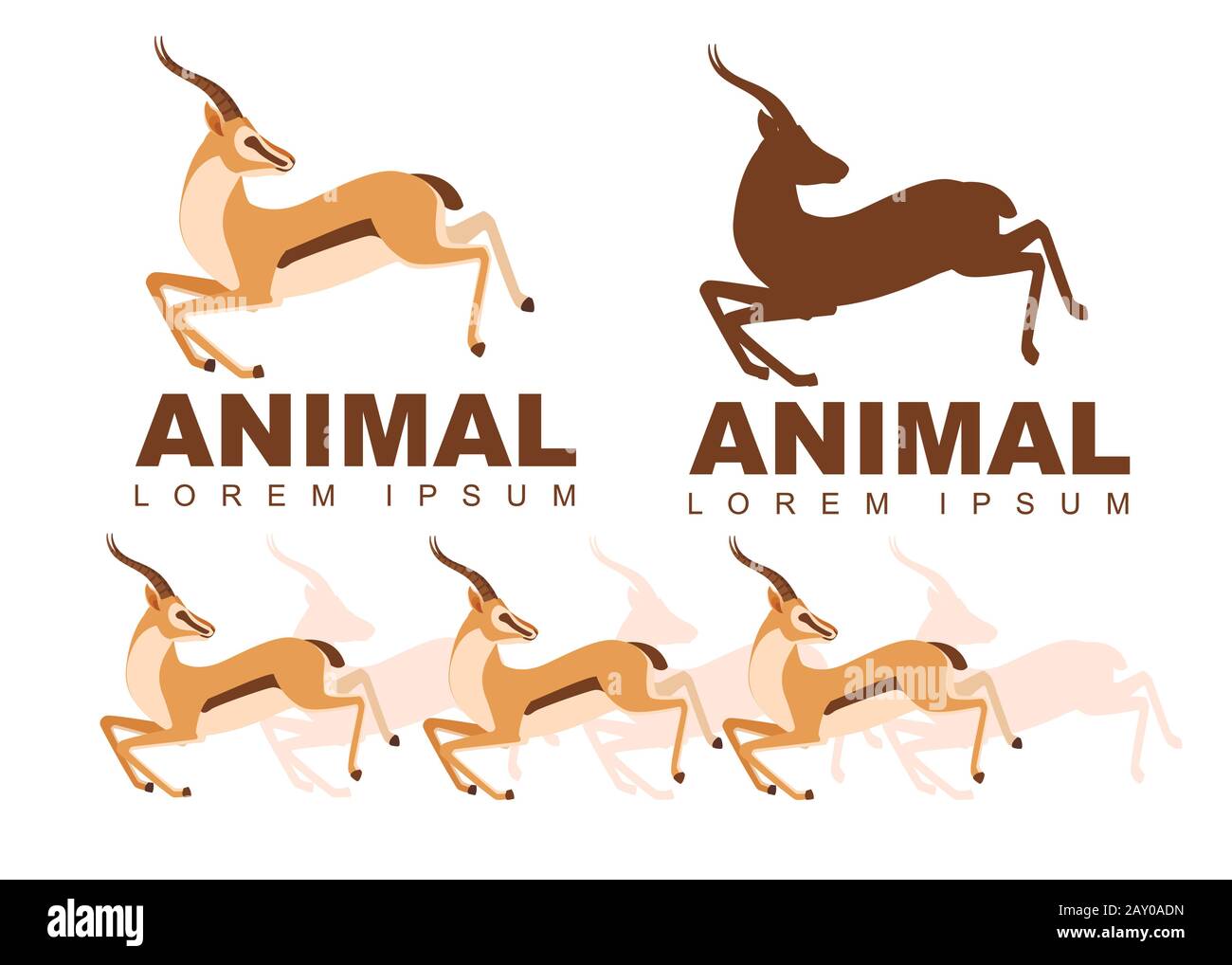 Set di loghi gazelle silhouette con titolo piatto vettore illustrazione isolato su sfondo bianco disegno creativo logo per sito web. Illustrazione Vettoriale