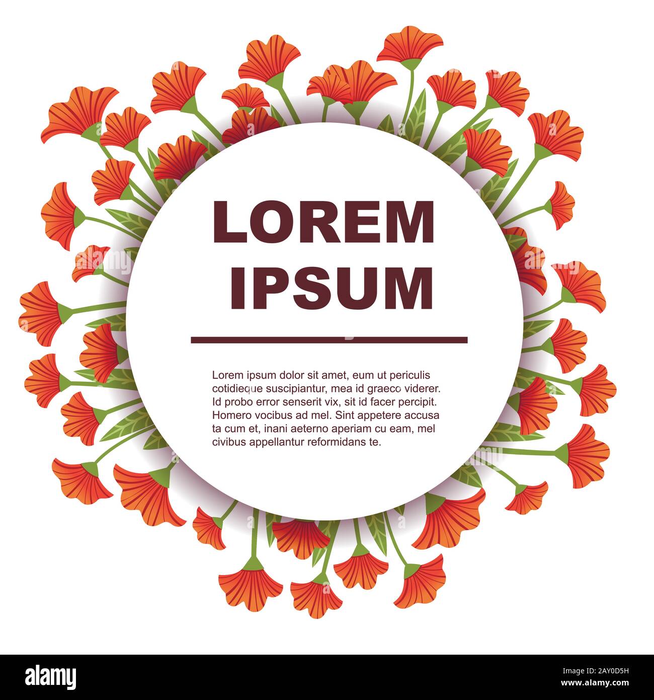 Biglietto di auguri o volantino concept design ellisse al centro con fiori rossi piatto vettore illustrazione su sfondo bianco. Illustrazione Vettoriale