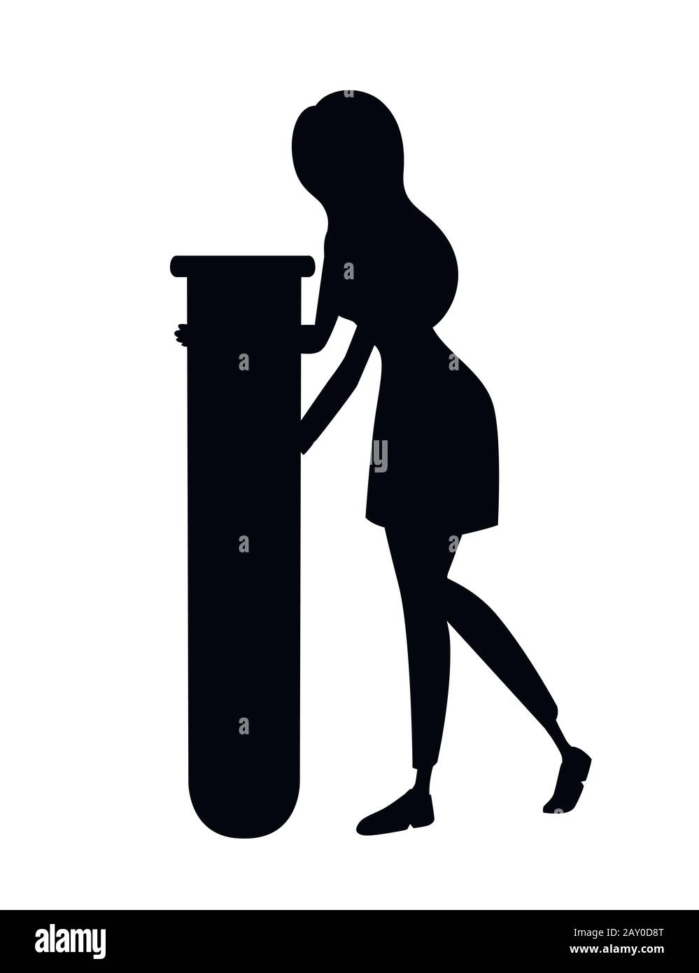 Silhouette nera, tecnico di laboratorio femminile in mano con una provetta gigante con cartone animato liquido personaggio disegno vettore piatto illustrazione. Illustrazione Vettoriale