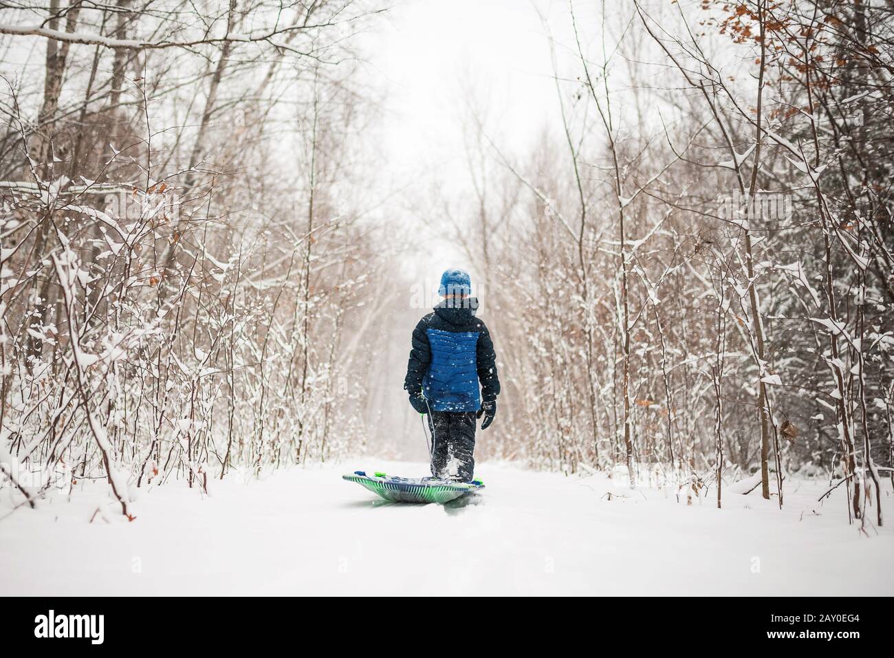 Ragazzo che tira una slitta attraverso la neve, Wisconsin, Stati Uniti Foto Stock