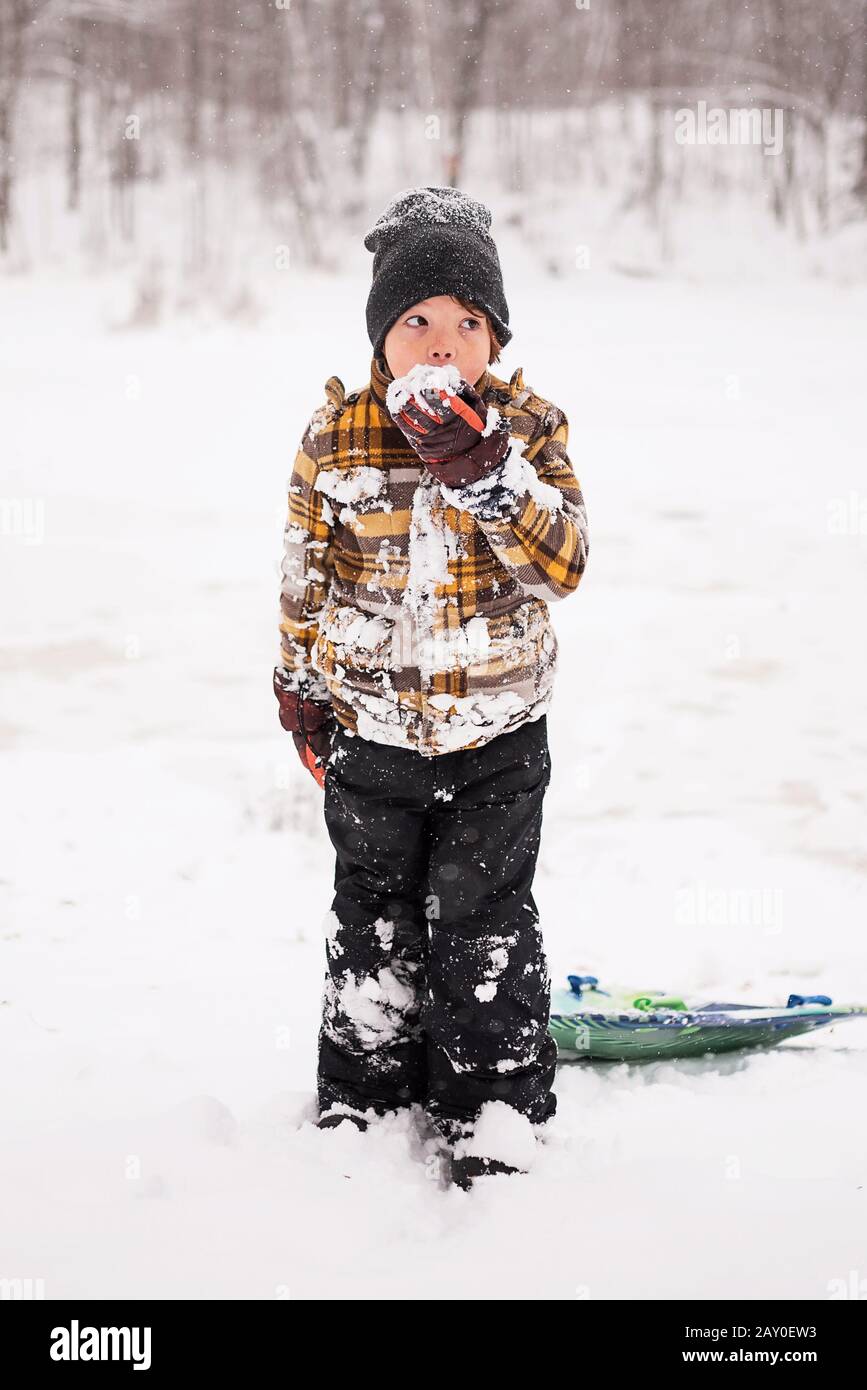 Ritratto di un ragazzo che mangia neve, Wisconsin, USA Foto Stock