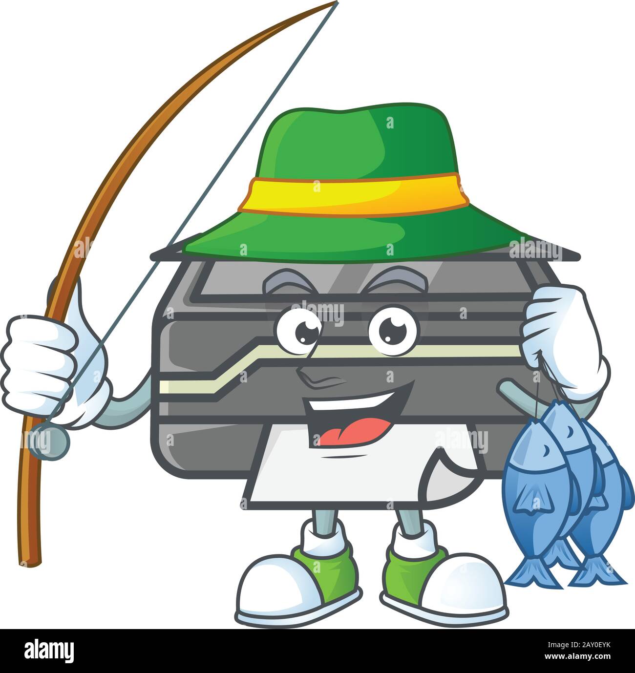 Un disegno mascotte di stampante da pesca con 3 pesci Illustrazione Vettoriale