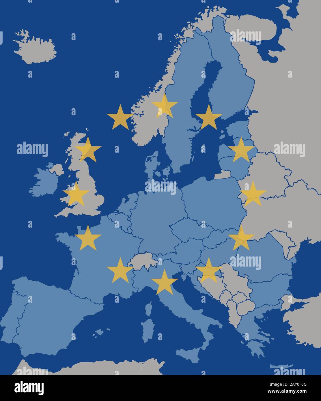 Mappa d'Europa con stati membri dell'Unione europea escluso il Regno Unito con stelle dalla bandiera dell'UE in cima Foto Stock