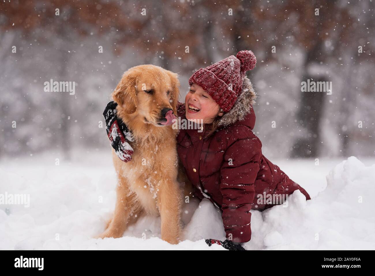 Ragazza seduta nella neve coccolando il suo cane Golden Retriever, Wisconsin, Stati Uniti Foto Stock