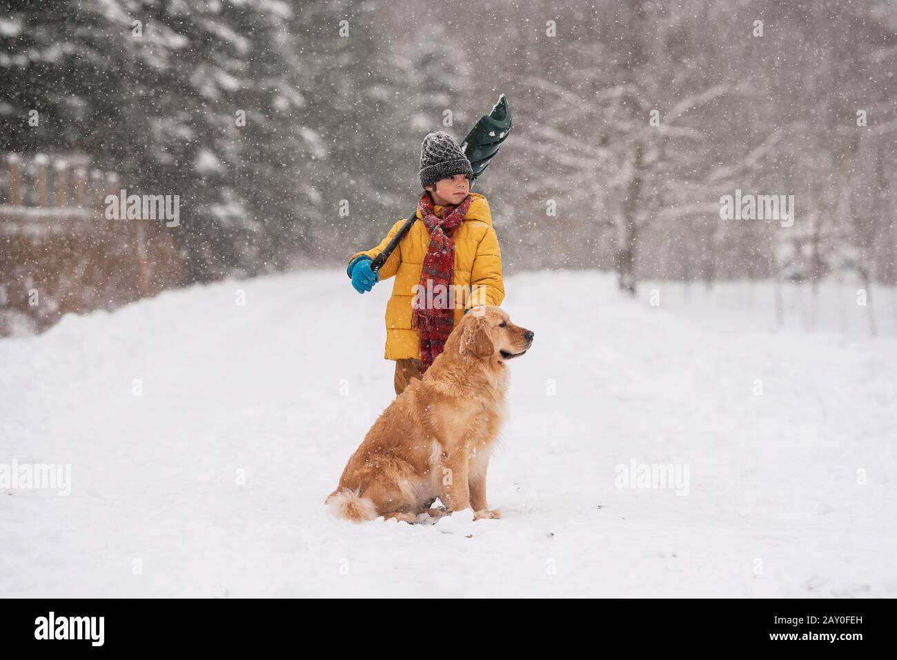 Ragazzo con una pala in piedi con il suo cane nella neve su una lunga strada coperta di neve, Wisconsin, Stati Uniti Foto Stock