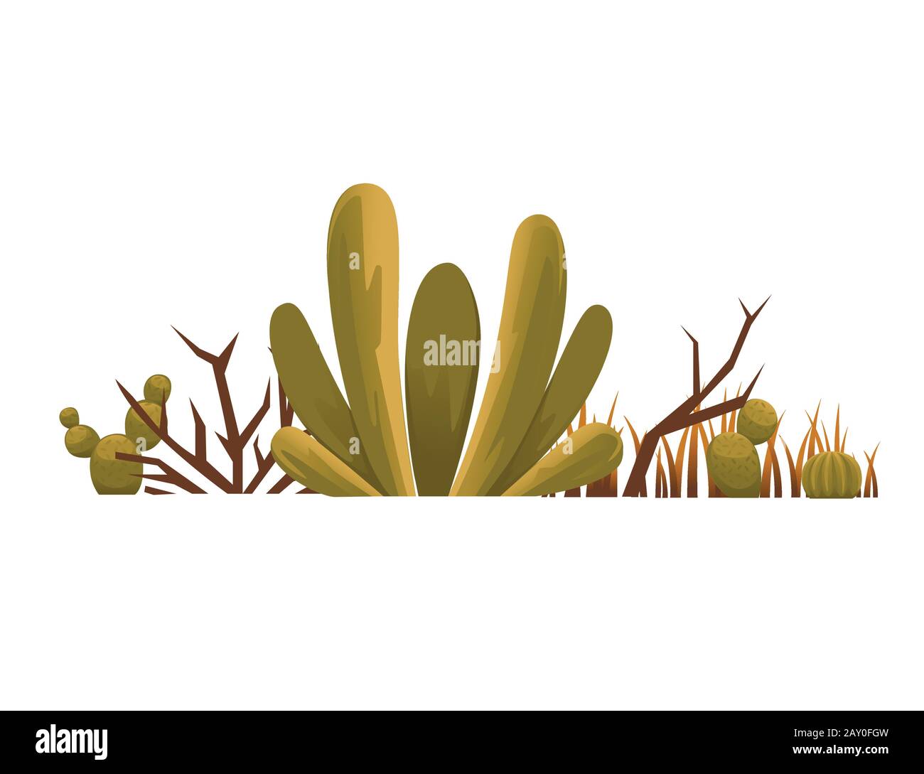 Gruppo di piante del deserto cactus spine e erbacce piatto vettore illustrazione su sfondo bianco. Illustrazione Vettoriale